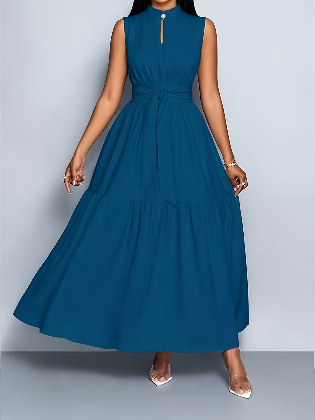 Carolina | Vestido de primavera para mujer, elegante y casual, sin mangas, con cuello alzado, detalles calados y cintura entallada