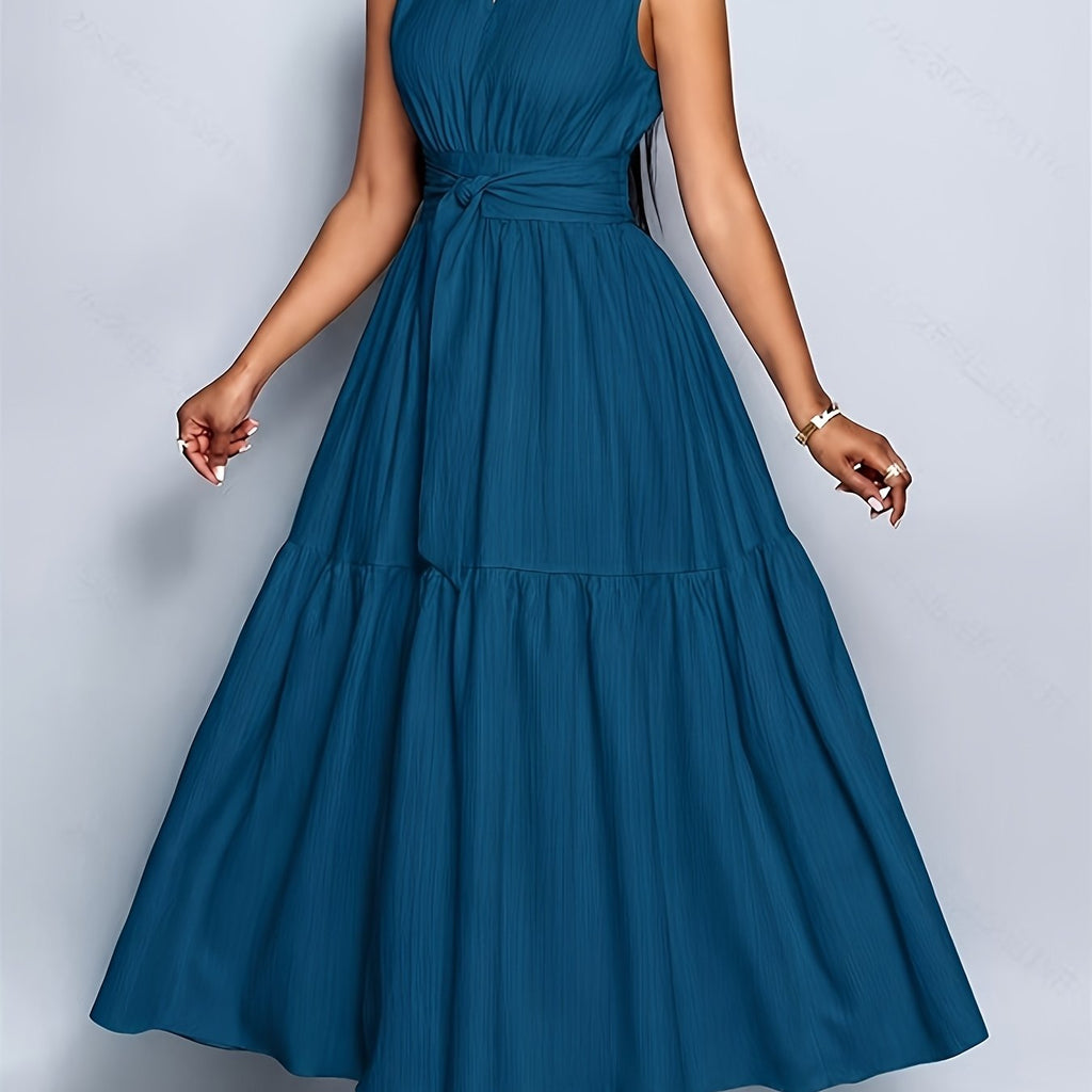 Carolina | Vestido de primavera para mujer, elegante y casual, sin mangas, con cuello alzado, detalles calados y cintura entallada