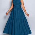 Carolina | Vestido de primavera para mujer, elegante y casual, sin mangas, con cuello alzado, detalles calados y cintura entallada