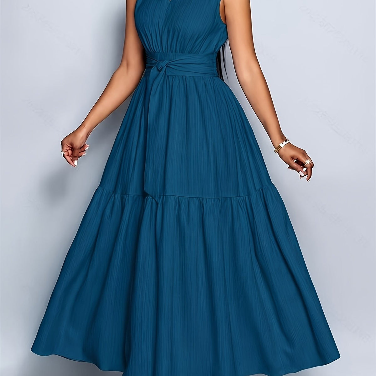 Carolina | Vestido de primavera para mujer, elegante y casual, sin mangas, con cuello alzado, detalles calados y cintura entallada