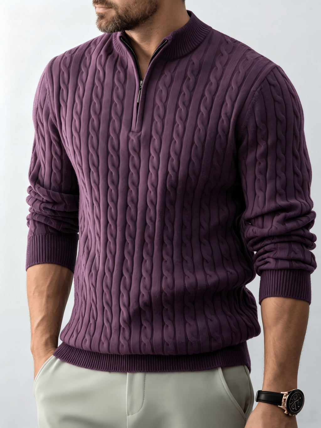 Agustin;Nuevo suéter de punto trenzado para hombre, de manga larga, con cuello alzado y cremallera parcial