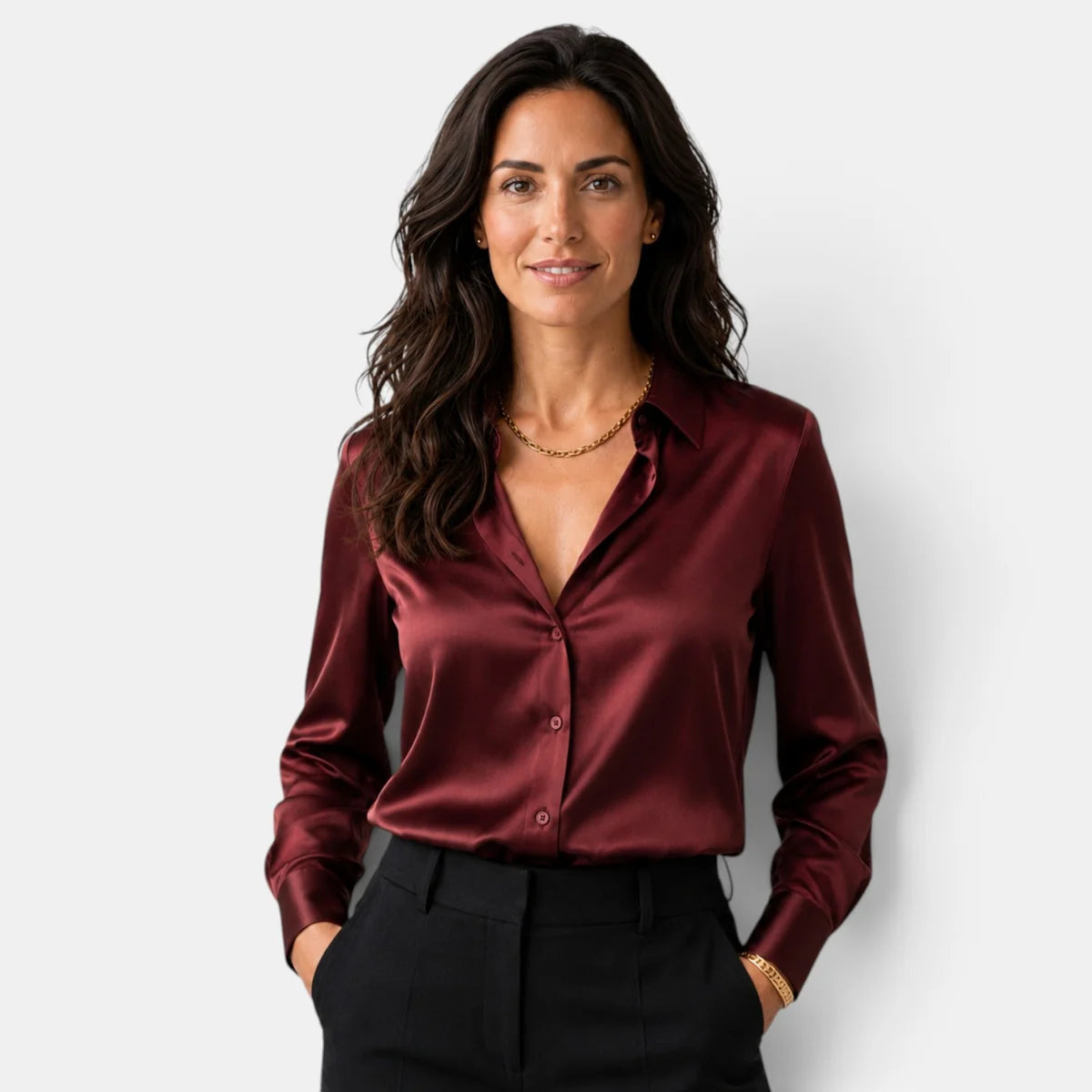 Camisa de raso con botones para mujer