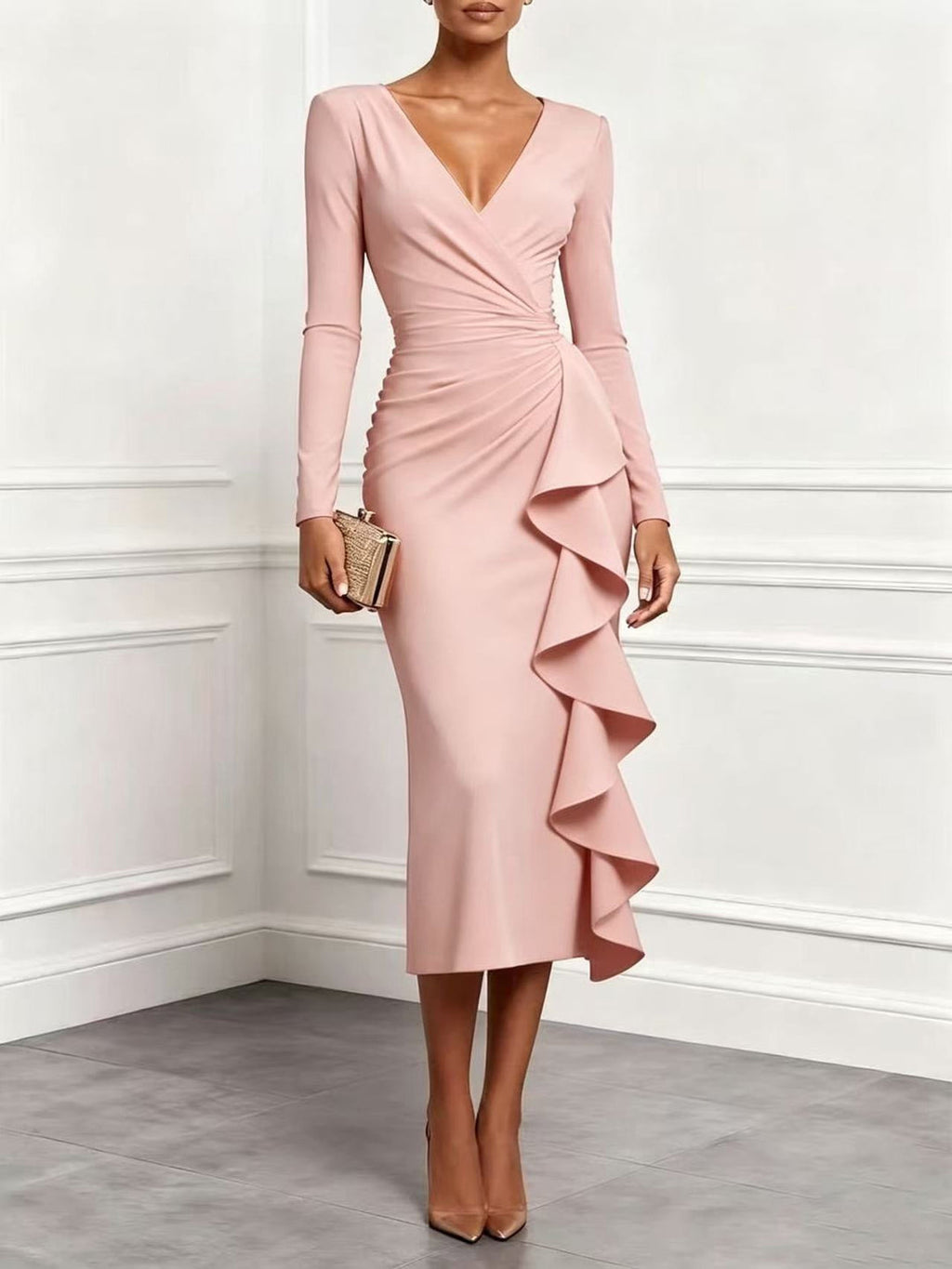 Zyla | Vestido midi cruzado con volantes y manga larga