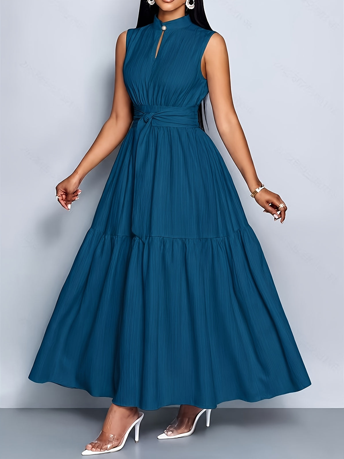 Carolina | Vestido de primavera para mujer, elegante y casual, sin mangas, con cuello alzado, detalles calados y cintura entallada