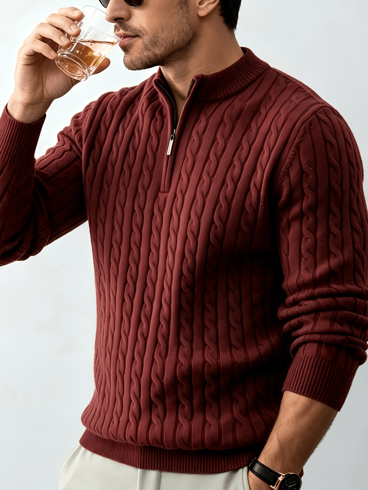 Agustin;Nuevo suéter de punto trenzado para hombre, de manga larga, con cuello alzado y cremallera parcial
