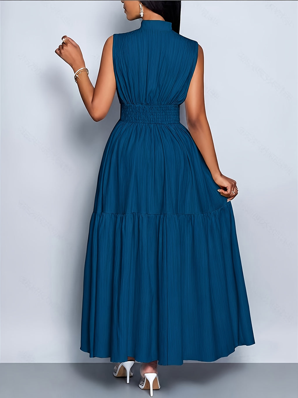 Carolina | Vestido de primavera para mujer, elegante y casual, sin mangas, con cuello alzado, detalles calados y cintura entallada