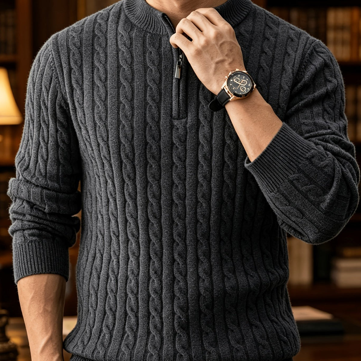 Agustin;Nuevo suéter de punto trenzado para hombre, de manga larga, con cuello alzado y cremallera parcial